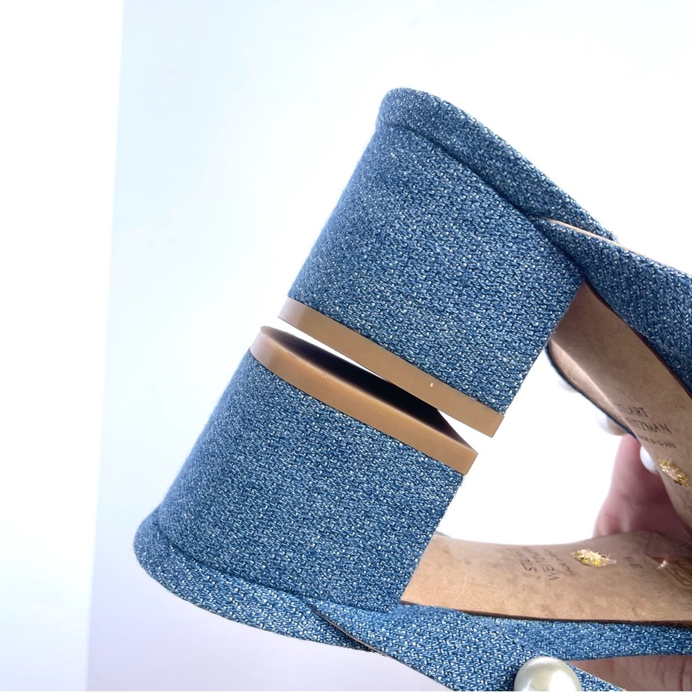 $450 STUART WEITZMAN Goldie 50 Pearly Stud Denim Sandals SLIDE THONG - Picture 5 of 5
